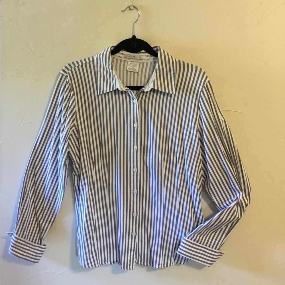 Van Heusen Cotton Button Down Fitted Gray Striped Blouse